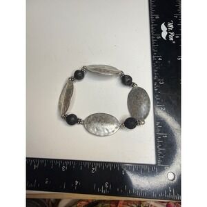 Hammered Silver Tone Oval Disc and Black Lava Rock Bead Stretch Bracelet Boho